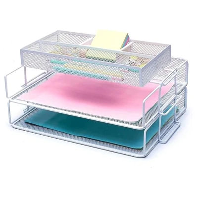 Image of EXERZ Paper Sorters 2pcs with an Accessory Tray, Stackable Letter Trays Extra Divider Memo Holder On Top, Desk Organiser Office, School, Home