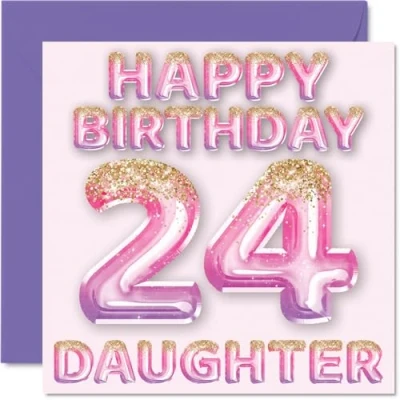 Image of 24th Birthday Card for Daughter Pink &amp; Purple Glitter Balloons Happy Cards 24 Year Old from Mum Dad Parents, 145mm x Bday Greeting Gift