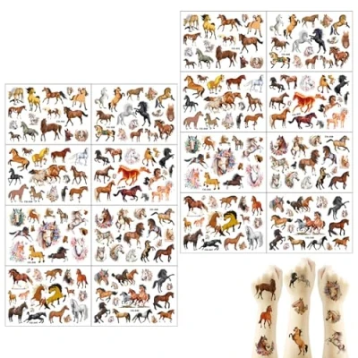 Image of 16 Sheets Horses Tattoos for Kids, Cartoon Horse Temporary Tattoo Stickers Themed Party Supplies Decoration Favors, Children Kids Boys Girls