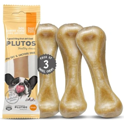 Image of PLUTOS Cheese &amp; Peanut Butter Healthy Dog Chew Bone Long Lasting Natural Chews Safe Dental Treats for Small Large Dogs Lactose Free, High Protein, Pack of 3