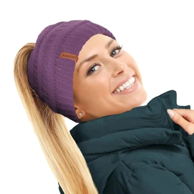 Image of TOSKATOK Ladies Thermal Teddy Fleece Lined Ponytail Beanie Hat Purple