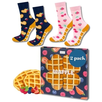 Image of soxo Dessert Socks Women Funny Ladies Gift Ideas Long Womens Sock Women&#039;s Funky Gifts Box 2.5 6.5 Waffle 2 Pairs