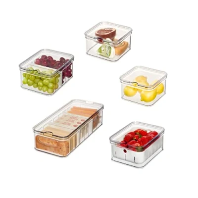 Image of iDesign Storage Bins, Fridge Organisers with Lids, Set of 5, Made from Recycled Plastic, Kitchen Accessories for Keeping Food Fresh, Transparent, Clear, White