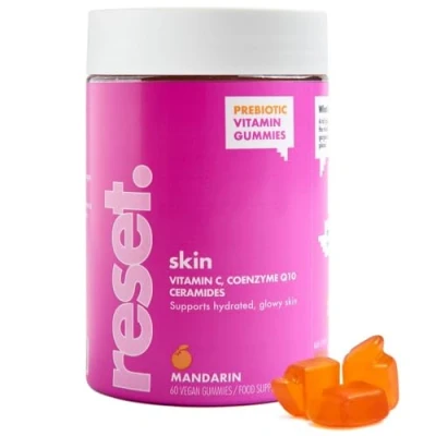 Image of Reset This. Skin Vitamin C Gummies 60 Vegan Tangerine Flavour Chewable Gummy Vitamins, Hydrate Skin, Stimulate Collagen Formation, Anti Ageing, Ceramides Coenzyme Q10, Natural Flavours Prebiotic