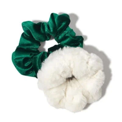 Image of Elf x Kitsch Scrunchies for Women&#039;s Hair Fur &amp; Velvet Medium Ties Women Tie Girls Scrunchie, 2pc (Green White Faux Fur)