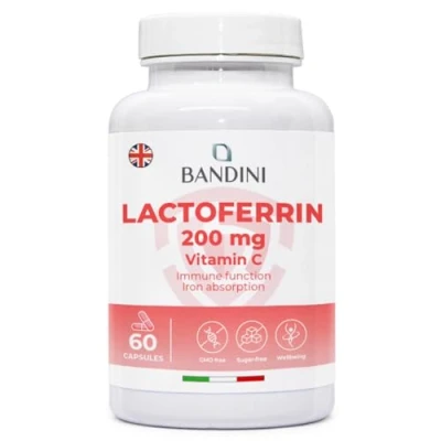 Image of Bandini® Lactoferrin 60 Capsules 200mg + 60mg Vitamin C per Daily dose (1 Capsule) Improves Iron Absorption &amp; Immune System Function A Component in Colostrum Vegetarian, GMO Free