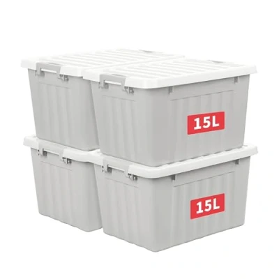 Image of Cetomo 15L*4 Storage Boxes with Lids, Plastic Bins Latching Buckles, Click Closure, Stackable, Nesting, Organizer for Home Office Clothes, Gray, 15L 4 Pack
