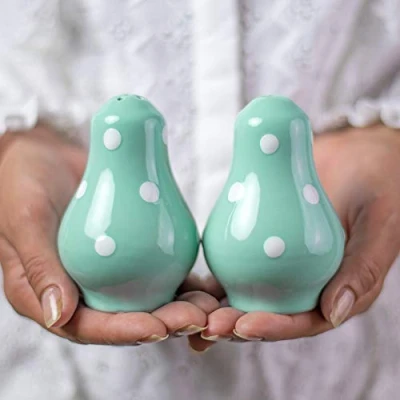 Image of City to Cottage Ceramic Salt and Pepper Shakers Set, Shaker, Farmhouse Kitchen Counter Decor for Home Restaurants Wedding, Handcrafted Turquoise Blue Polka Dot Spice