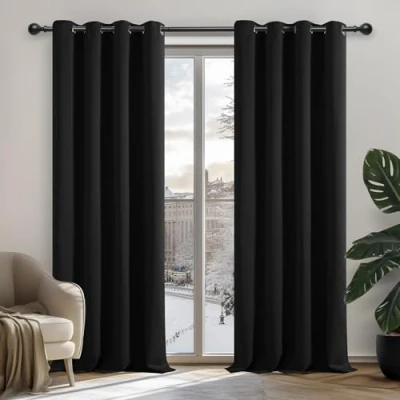 Image of Deconovo Solid Thermal Insulated Eyelet Curtains Blackout for Living Room 52&quot;x 72&quot; Black 1 PAIR