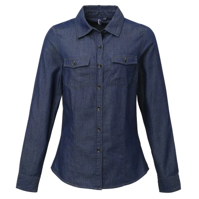 Image of Premier Womens/Ladies Jeans Stitch Long Sleeve Denim Shirt (Indigo Denim) Indigo Blue Size Large