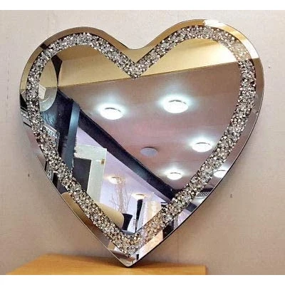 Image of Biznest Heart Shape Gatsby Crushed Diamond Crystal Glass Frame Silver Bevelled Wall Mirror 70X70Cm Bling