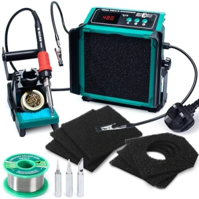 Image of YIHUA 948DQ III 2 IN 1 Solder Fume Extractor Fan 110W Soldering Station Kit Smoke Remover Tiltable Angle Temp Display w Helping Hands Iron Holder Extra Tips Filters Lead Free Wire(UK Plug)