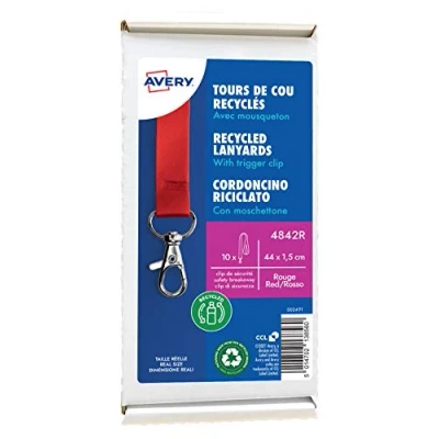 Image of AVERY Recycled Plastic Red Lanyards with Trigger Clip Pack of 10