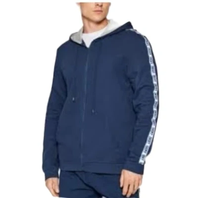 Image of Dkny Men&#039;s Long Sleeved Hooded Zip Top in Navy With Branded Arm Detailing 100% Cotton Men Hoody, Navy, XL