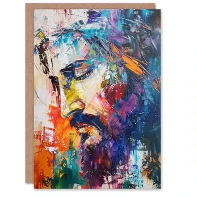 Image of Artery8 Jesus Christ Colourful Abstract Portrait Painting Blank For Him Or Her Art Birthday Card