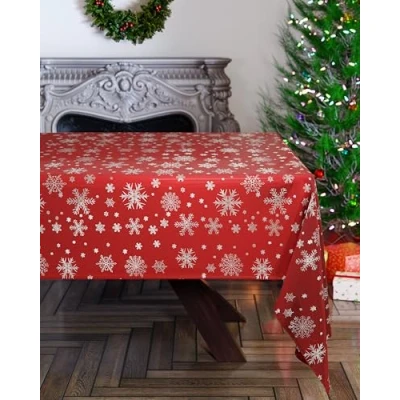 Image of Emma Barclay Christmas Table Cloth, Rectangular Machine Washable Xmas Dining Tablecloth in Red with Silver Snowflake Design 70x108 (178x274cm)