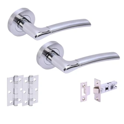 Image of HANDLEZONE® Columba Premium Internal Door Handle Pack, Complete with Lever Handles on Rose, 76mm Latch, 75mm Ball Bearing Hinges Dual Finish Polished/Satin Chrome