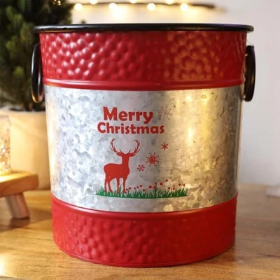 Image of Fyne Finds Merry Christmas Stag Metal Plant Pot Drum Shaped Planters With Handles 27cm, 10inch Xmas Festive Gift