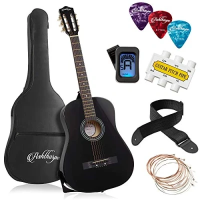 Image of Ashthorpe 38 inch Beginner Acoustic Guitar Package (Black), Basic Starter Kit w/Gig Bag, Strings, Strap, Tuner, Pitch Pipe, Picks