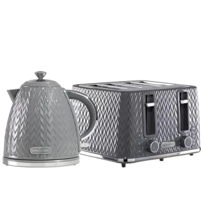 Image of Daewoo Argyle Jug Kettle &amp; 4 Slice Toaster Set, 1.7L 3KW Rapid Boil Stylish Textured Design, Removable Filter, Reheat Defrost Functions, Perfect for Modern Kitchens, Grey