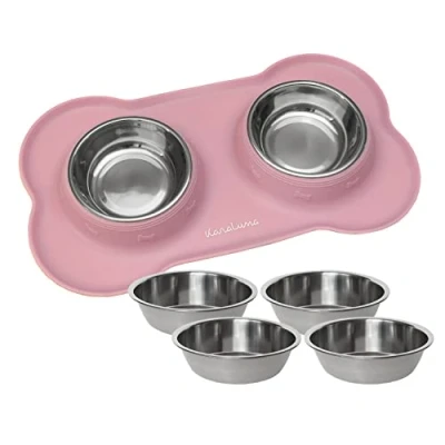 Image of KaraLuna Silicone Bowl Mat with Stainless Steel Feeding I for Cats and Dogs (200 ml, Pink)