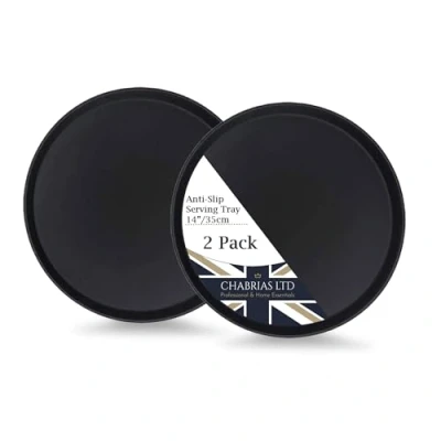 Image of U Grip Round Black Anti Slip Non Tray Bar Drinks Food Serving Tray, for Parties, Gatherings, Bars, Restaurants, and Home (14&quot; / 35cm, 2, Count)