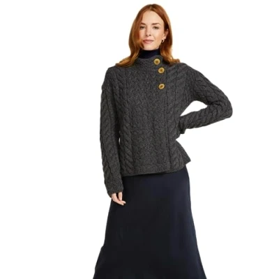 Image of Aran Woollen Mills Asymmetrical Irish Multi Cable Wool Cardigan (Charcoal, Medium)