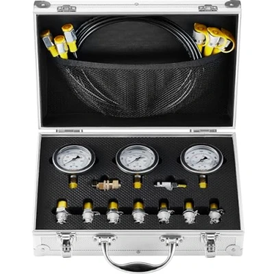 Image of VEVOR Hydraulic Pressure Test Kit, 250/400/600bar, 3 Gauges 9 Couplings Hoses, Excavator Gauge Set with Portable Carrying Case for Tractors Construction Machinery