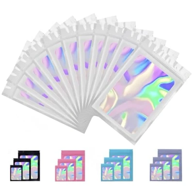 Image of Rimiko 100pcs Ziplock Mylar Bags with Clear Window, Aluminum Foil Sample Bags, Resealable Holographic Self Sealing Pouches for Packaging and Food Storage (Holographic White, 4.7&quot;x7.9&quot;)