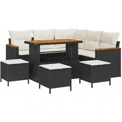 Image of vidaXL 9 Piece Garden Sofa Set with Cushions Black Poly Rattan Acacia