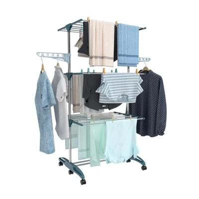 Image of Hyfive Clothes Airer Drying Rack Indoor Horse Laundry Dryer 4 Tier Foldable Space Saving With Shoe Stainless Steel Easy Storage (Blue)