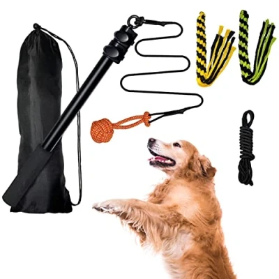 Image of Flirt Pole Rope Dog Toy with Ball and 2 Chasing Tail Chewing Braided Cotton Outdoor Interactive Tug Extendable Teaser Training Wand Pet Stick for Small Medium Large Dogs