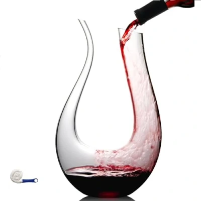 Image of U Shaped Wine Decanter, 1.5L Glass Lead Free, Hand Blown, Red Decanter Set with Brush