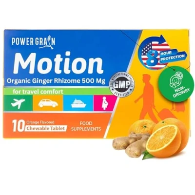 Image of Travel &amp; Motion Sickness Tablets 500mg Chewable Ginger Rhizome Non Drowsy Nausea Vomiting Relief 10 (Orange)