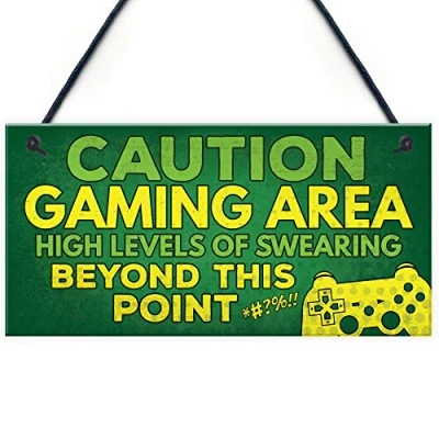 Image of RED OCEAN Caution Gaming Area Novelty Gamer Accessories Gift For Son Brother DAD Man Cave Boys Room Bedroom Door Sign Decor