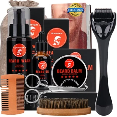 Image of Beard Grooming Kit, Kit with Roller Oil, Balm, Wash, Brush, Comb,Mustache Scissors Care Unique Gifts for Men Set&amp;Kit