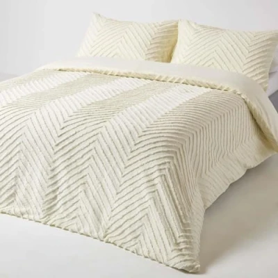 Image of HOMESCAPES Super King Size 100% Cotton Off White Tufted Duvet Cover Set with Chevron Zig Zag Textured Pattern 180 Thread Count Pure Soft Quilt Pillowcases