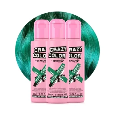 Image of Crazy Color Vibrant Pine Green Semi Permanent Trio Hair Dye. Highly Pigmented Dark Conditioning &amp; Oil Nourishing Vegan Formula No Bleach or Ammonia 300ml