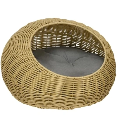 Image of PawHut Wicker Cat House, Rattan Bed Kitten Basket with Washable Cushion for Indoor Cats and Puppies, Light Brown