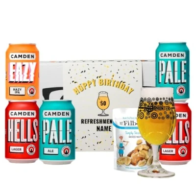 Image of Beer HUNTER Personalised Birthday Camden British Craft Gift Set Box with Glass IPA, Pale Ale, Lager (5 x 330ml Cans)