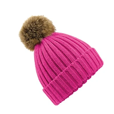 Image of Beechfield Unisex Fur Pom Chunky Beanie Fuchsia