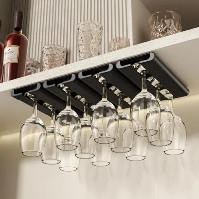 Image of Vaisoeny Wine Glass Holder, 4Pack Holder Under Cabinet, No Drilling Installation Rack, Stemware Hanging Rack for Kitchen and Bar (Black)