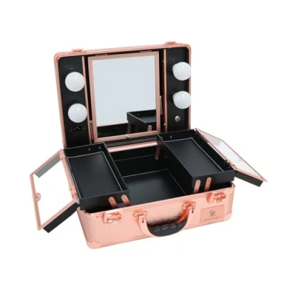 Image of LUVODI Professional Makeup Case with Mirror and Lights Portable Train Dimmable LED Bulbs Travel Cosmetic Suitcase Vanity Beauty Box, Rose Gold