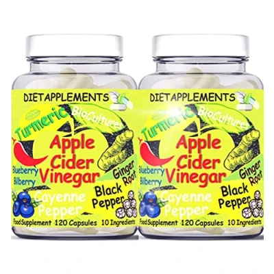 Image of 2 Bottles (240 Capsules) Raw, Unfiltered Apple Cider Vinegar with The Mother Turmeric, Ginger, Black Pepper, Cayenne Blueberries, Bilberries High Strength Bio Cultures Vegan Capsules