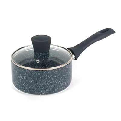 Image of Russell Hobbs RH00844EU Non Stick Saucepan Pressed Aluminium Milk with Tempered Glass Lid, 16cm/1.2L Sauce Pot for Induction, Small Cooking Soft Bakelite Handle, Nightfall Stone