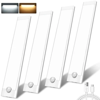 Image of under Cabinet Kitchen Lights,4 Pack 44 LEDs 3 Modes Motion Sensor Cupboard lights,2000mAh USB Rechargeable Stepless Dimming Wardrobe Light,2 Color Temps Closet Light for Stairs