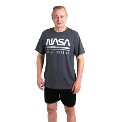Image of NASA Pyjamas for Men Space Traveler Pyjama Set Short Sleeve Top with Trousers Grey, gray, XL