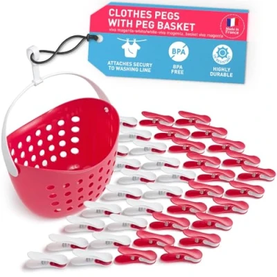 Image of culiclean Clothes Pegs for Washing Line with Basket Strong Soft Grip 40 pcs &quot;Soft Clips&quot; + 1 Peg Basket, Laundry viva magenta white Handle