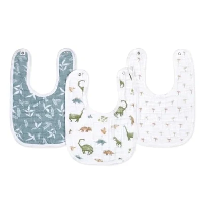 Image of aden + anais™ Essentials 3 Pack Cotton Muslin Baby Snap Bibs Dino Jungle