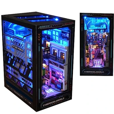 Image of DIY Dollhouse Booknook Bookshelf Insert Decor,DIY Book Nook Kit, 3D Wooden Puzzle with LED Lighting Wood Bookend Model Building